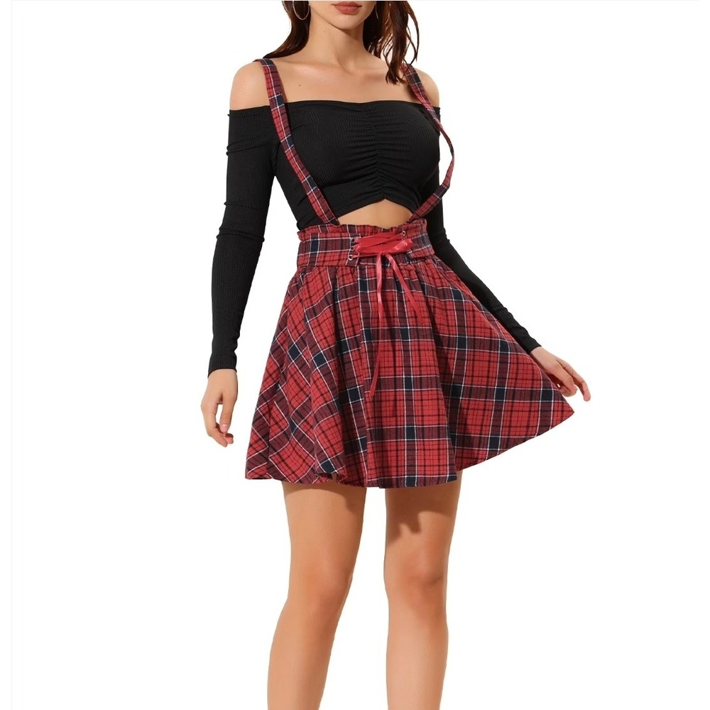 Allegra K Red Tartan Plaid Suspender Skirt S Lace Up High Waist Skater Overall